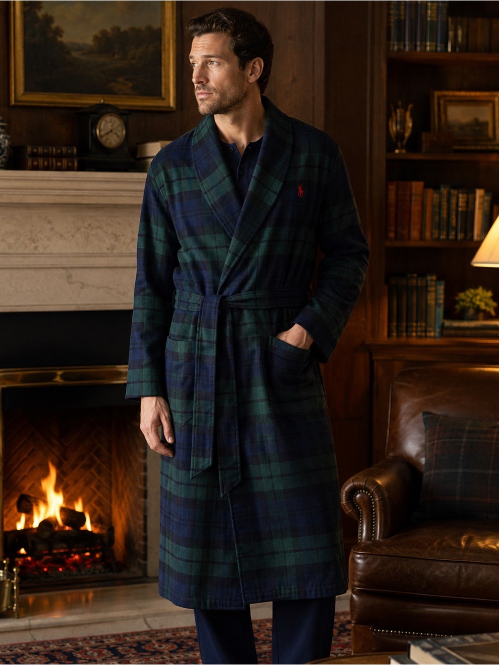 Polo Ralph Lauren Men’s Blue Green Plaid Lounge Robe | Size L/XL
